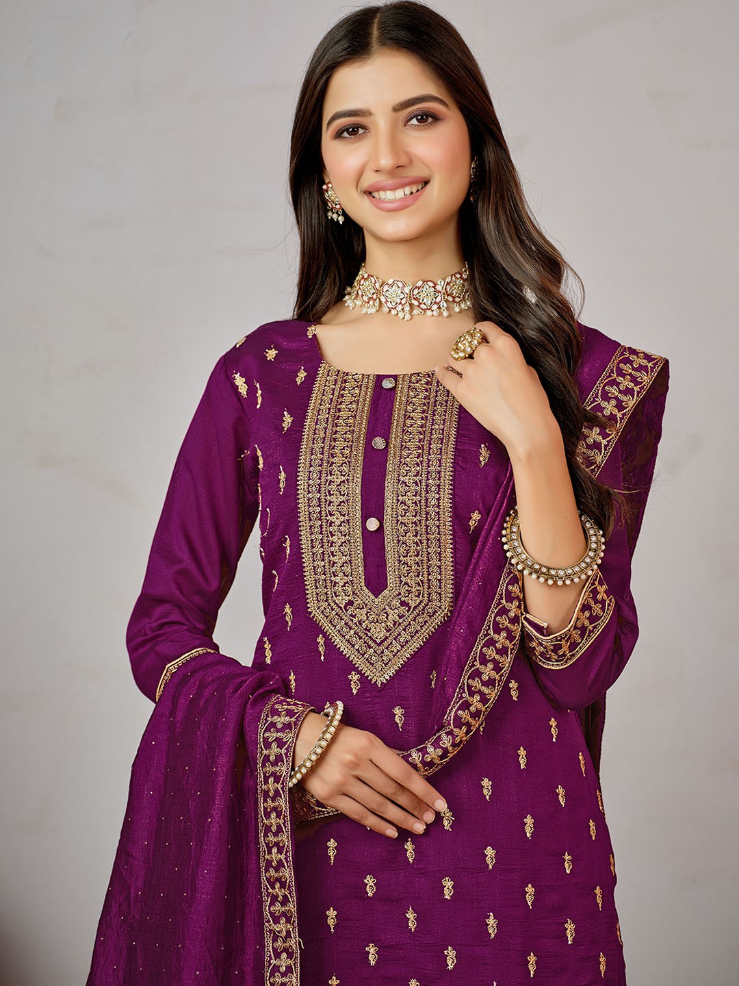 

Sangria Ethnic Motifs Embroidered Regular Art Silk Kurta With Trouser & Dupatta, Magenta