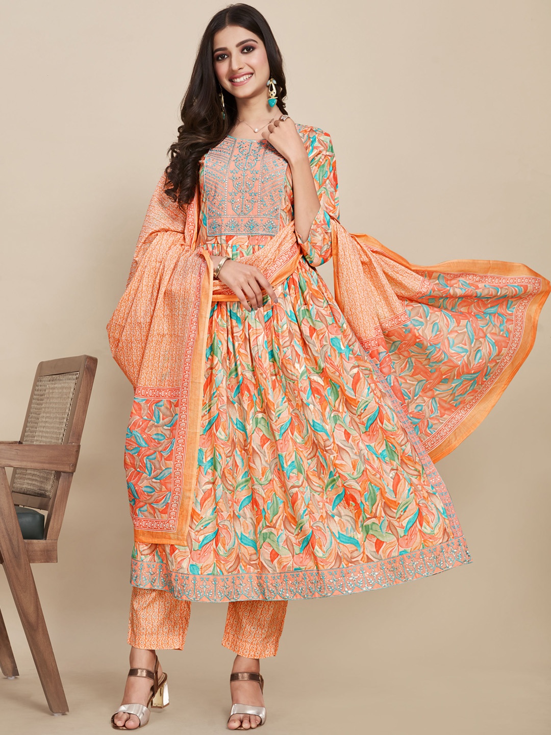 

Sangria Orange Ethnic Motifs Printed Anarkali Pure Cotton Kurta With Trouser & Dupatta