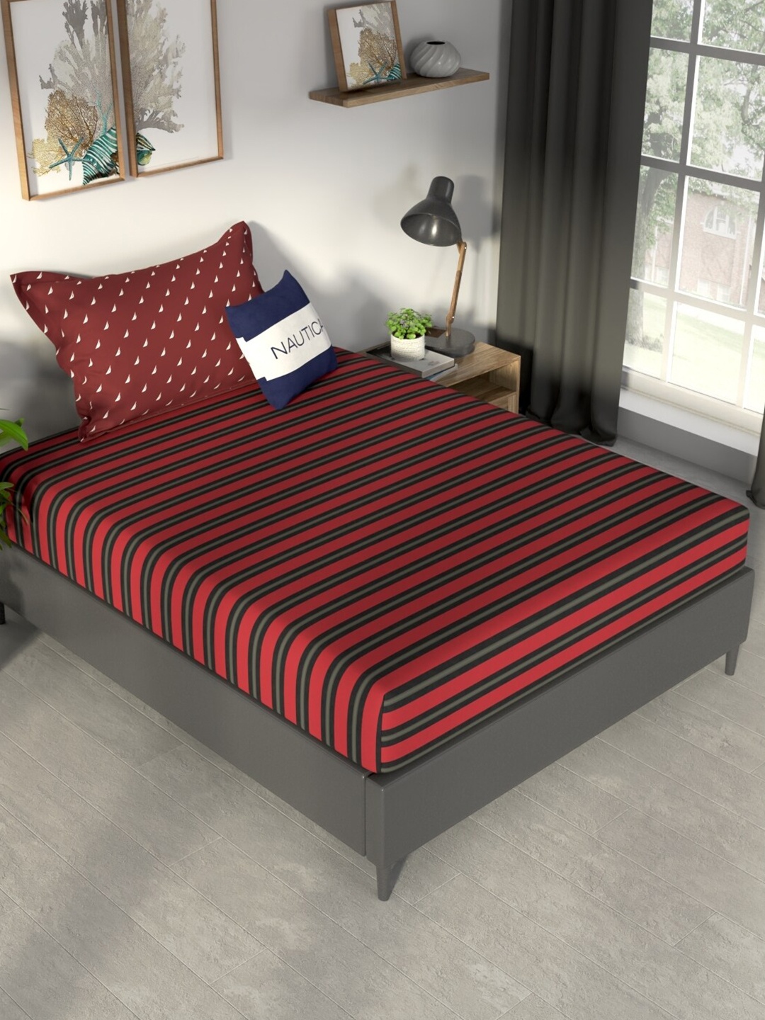 

Nautica Pacific Coast Rust & Black Striped Cotton 160 TC Single Bedsheet & 1 Pillow Cover