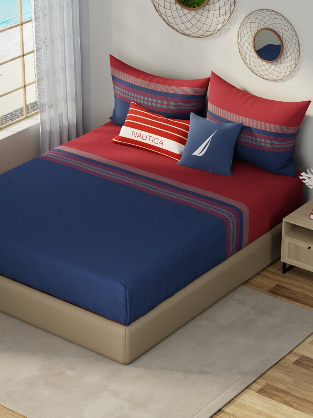 

Nautica Hampton Red Printed Cotton 210 TC Fitted King Bedsheet with 2 Pillow Covers