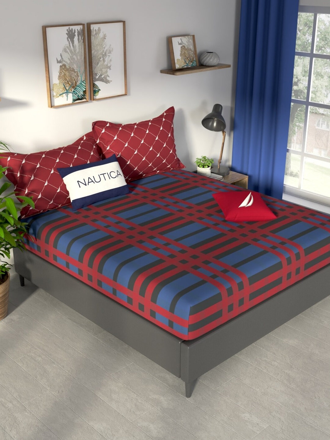 

Nautica Pacific Coast Red Printed Cotton 160 TC Fitted King Bedsheet with 2 Pillow Covers