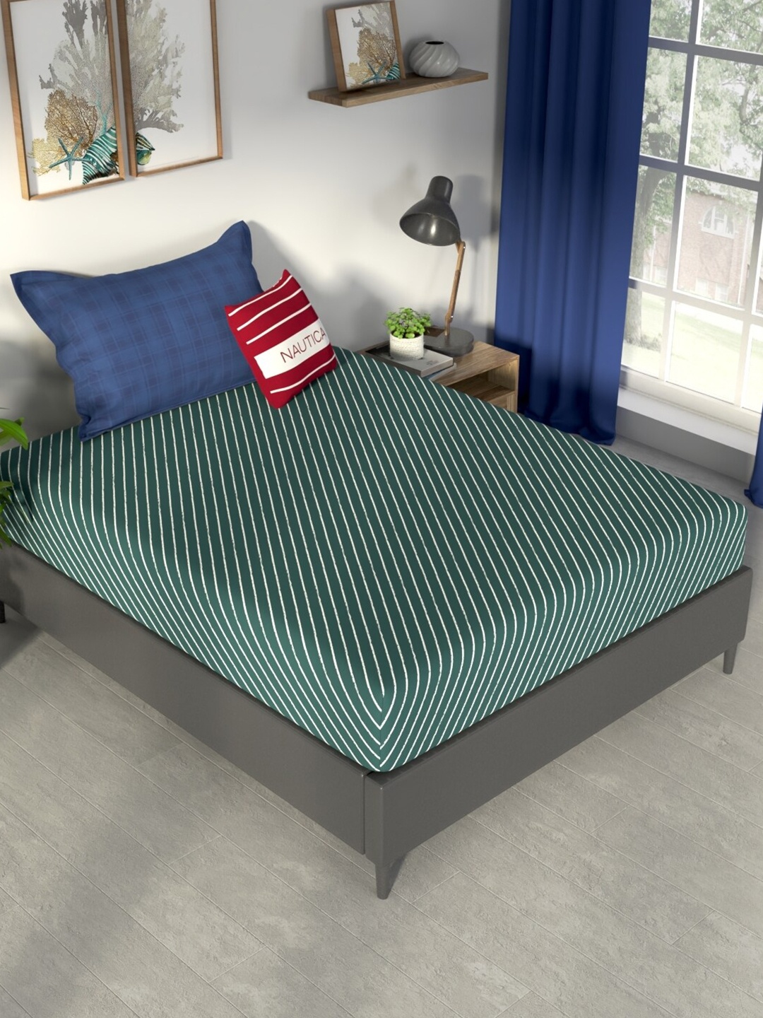 

Nautica Green & White Striped Cotton 160 TC Single Bedsheet With 1 Pillow Cover