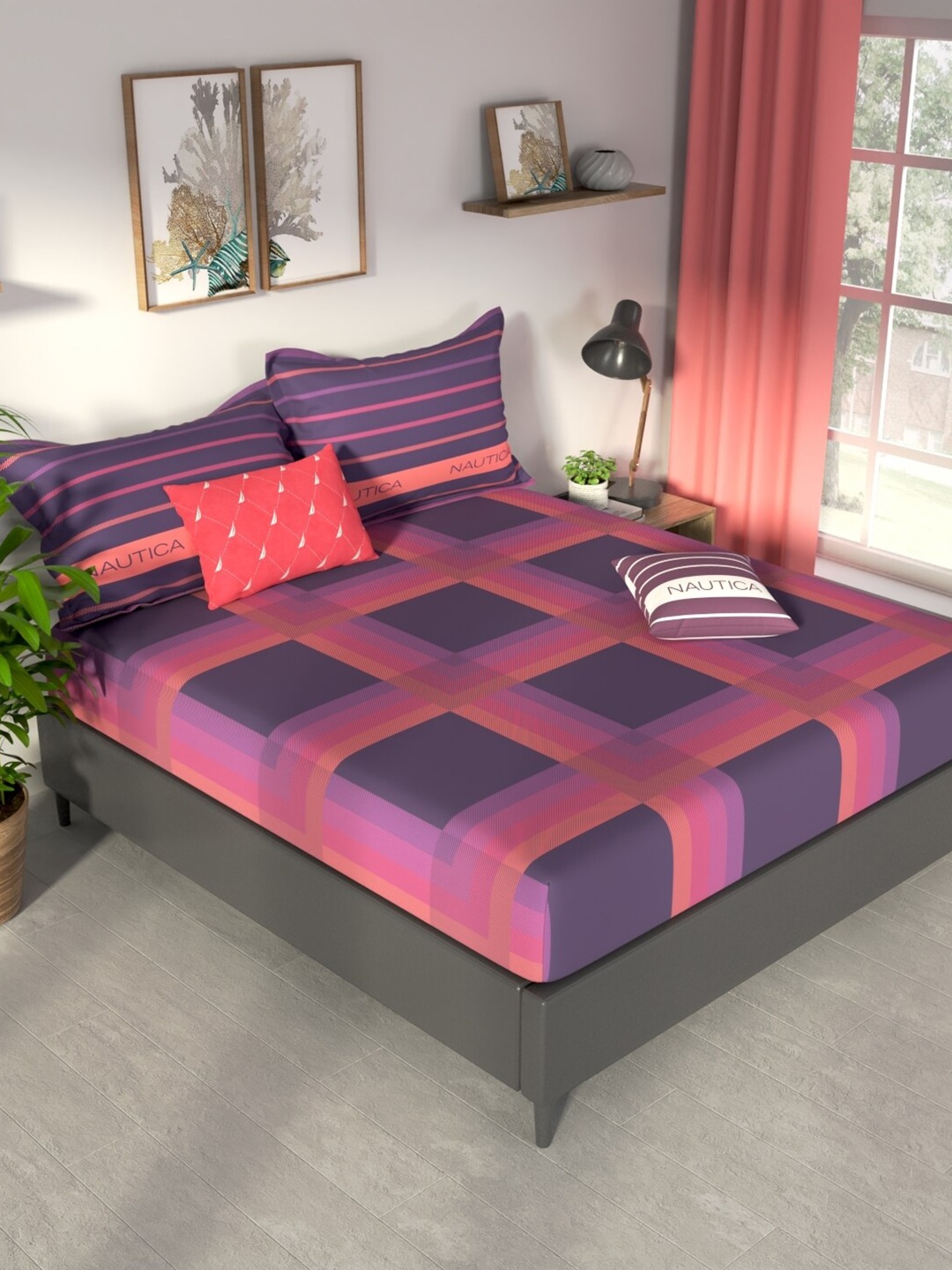 

Nautica Pacific Coast Violet Geometric Cotton 160 TC Fitted King Bedsheet & 2 Pillow Cover