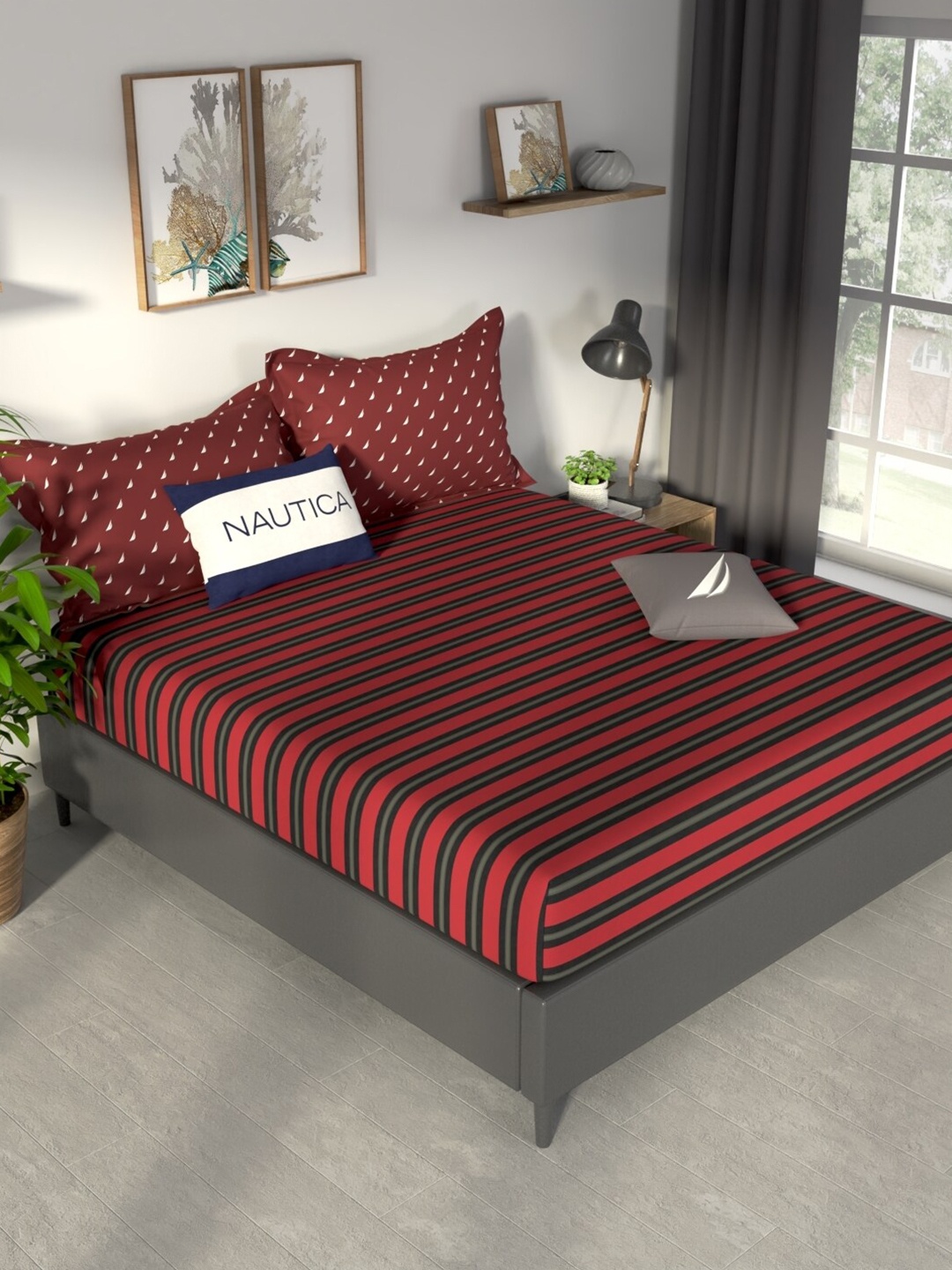 

Nautica Pacific Coast Rust Red & Black Pure Cotton 160 TC King Bedsheet & 2 Pillow Covers