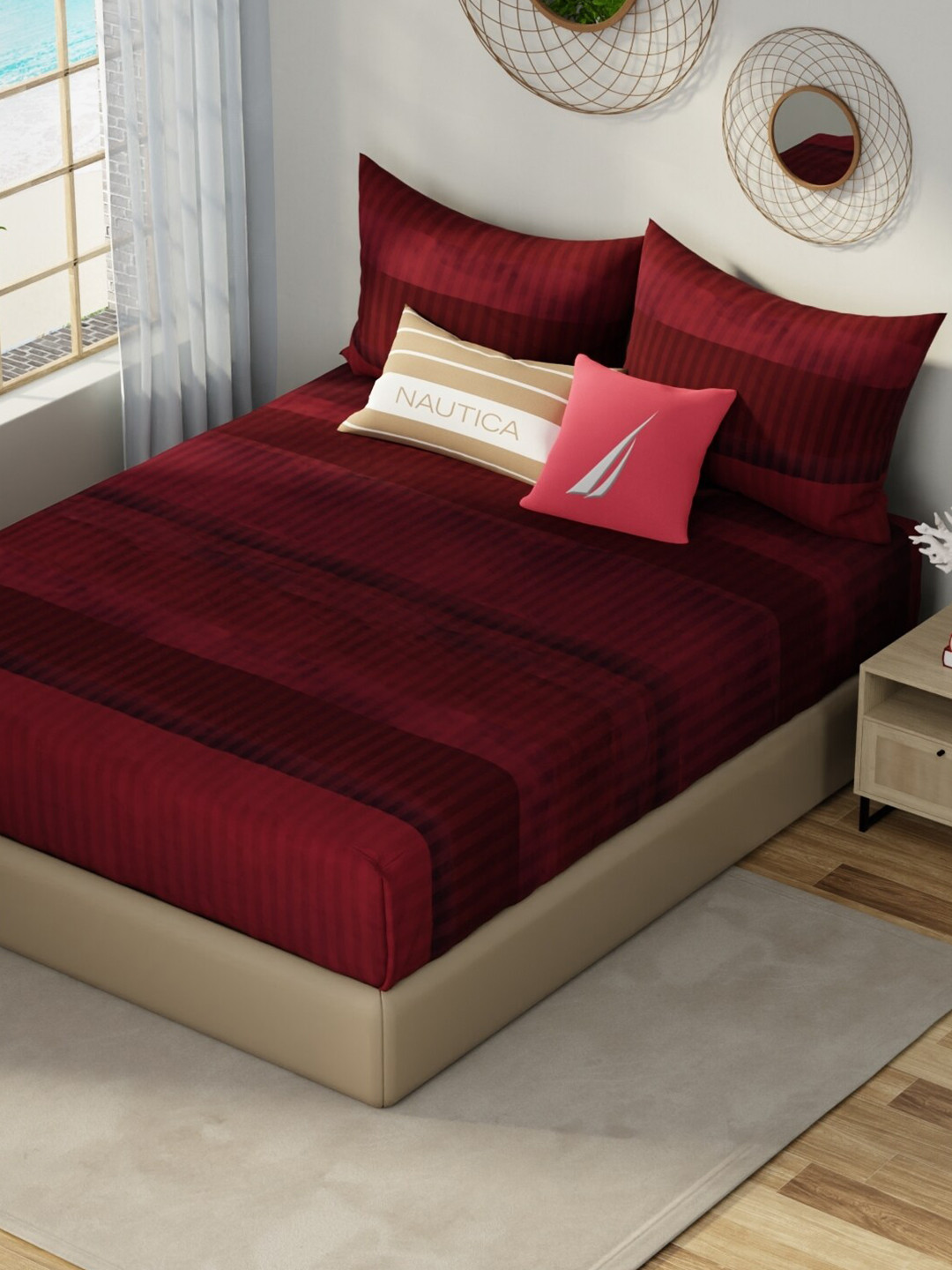 

Nautica Maroon Striped Cotton 210 TC King Bedsheet With 2 Pillow Covers