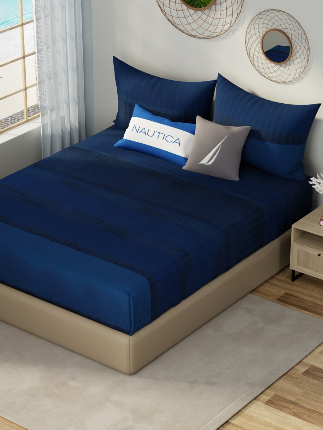 

Nautica Hampton Blue Striped Pure Cotton 210 TC King Fitted Bedsheet with 2 Pillow Covers