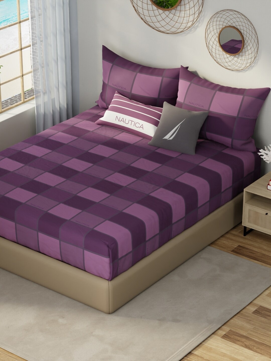 

Nautica Hampton Purple Satin Cotton 210 TC Fitted King Bedsheet & 2 Pillow Covers