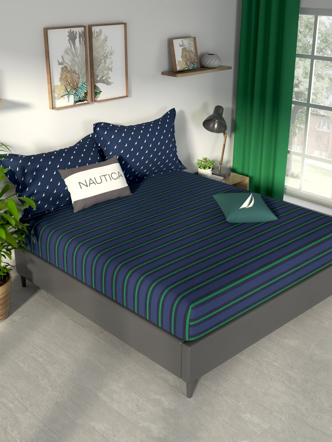 

Nautica Pacific Coast Navy Blue Cotton 160 TC Fitted King Bedsheet & 2 Pillow Covers