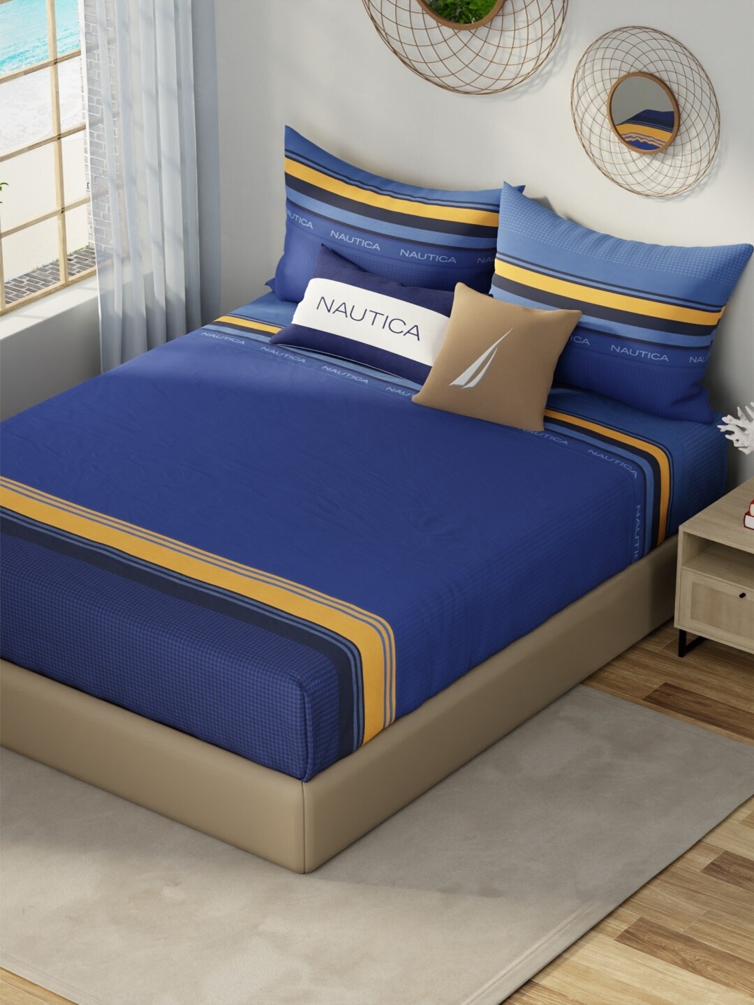 

Nautica Hampton Blue & Yellow Printed Cotton 210 TC King Bedsheet with 2 Pillow Covers