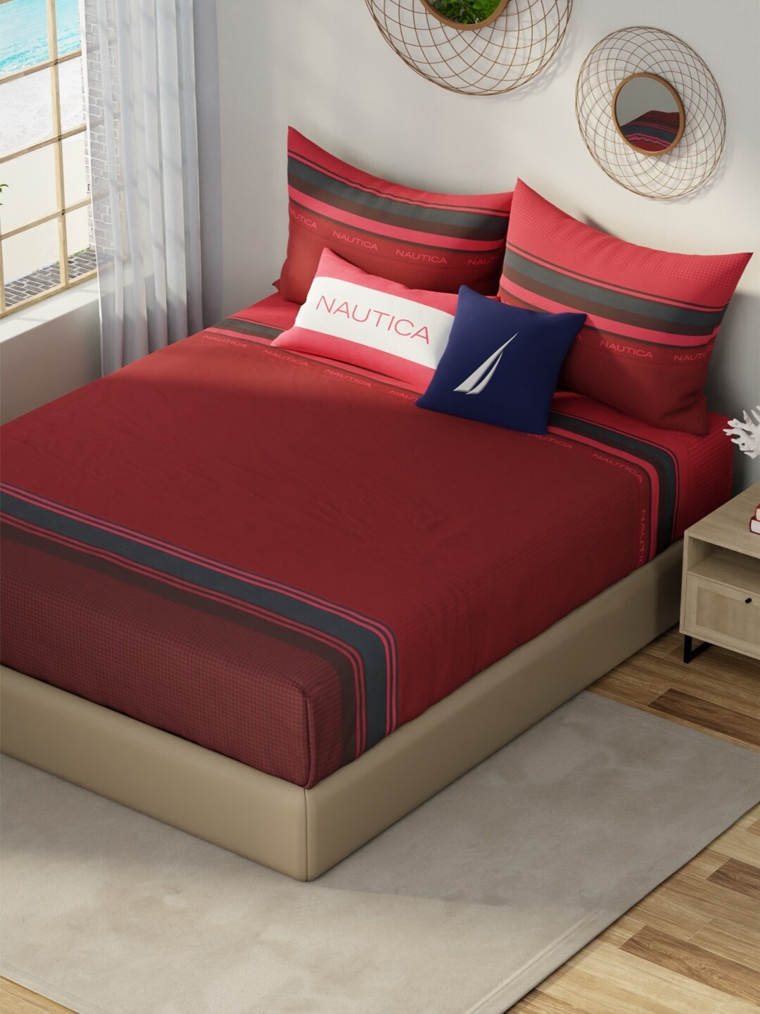 

Nautica Hampton Red Striped Satin Cotton 210 TC King Bedsheet & 2 Pillow Covers