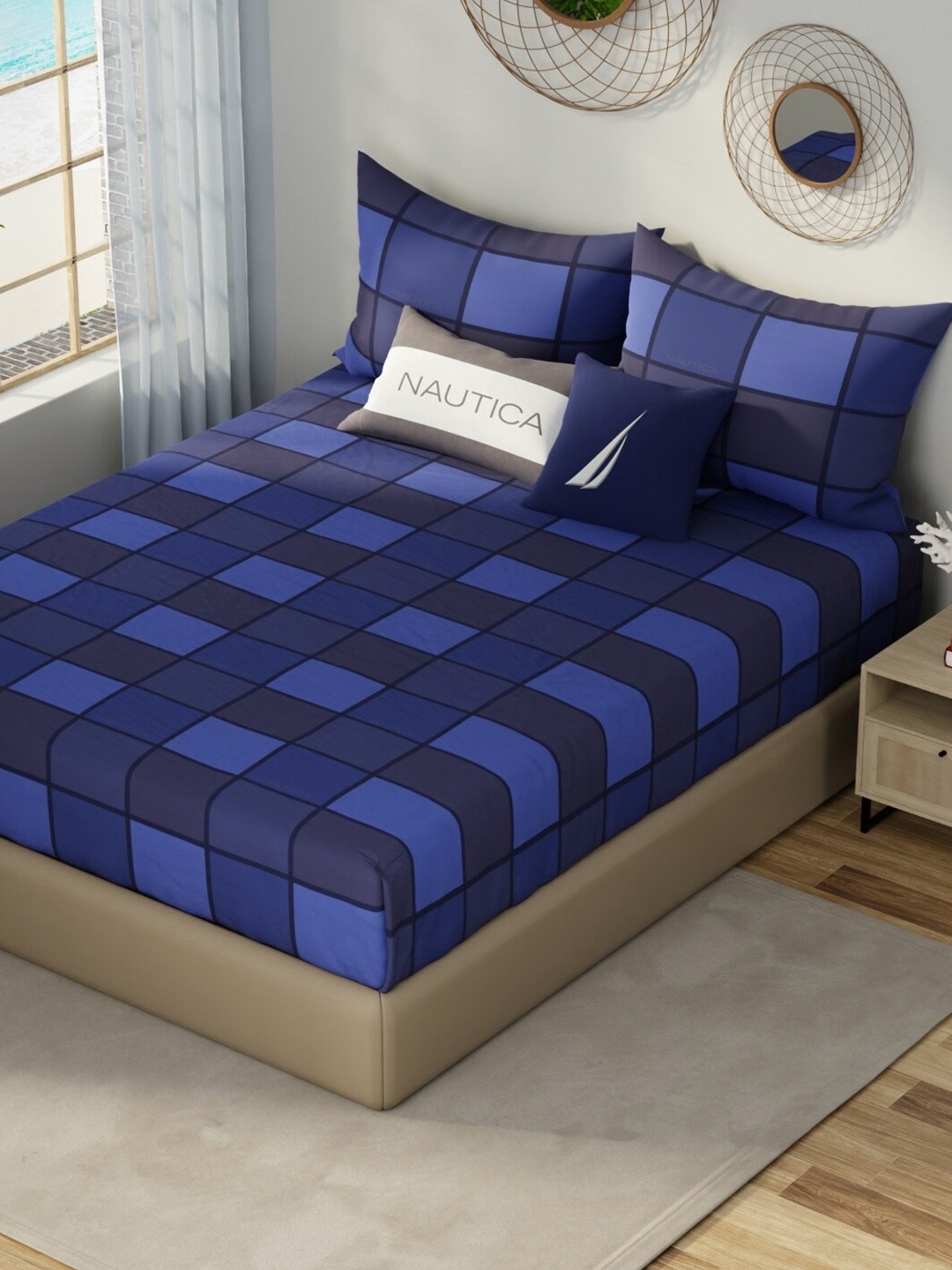 

Nautica Hampton Blue Checked Pure Cotton 210 TC King Bedsheet with 2 Pillow Covers