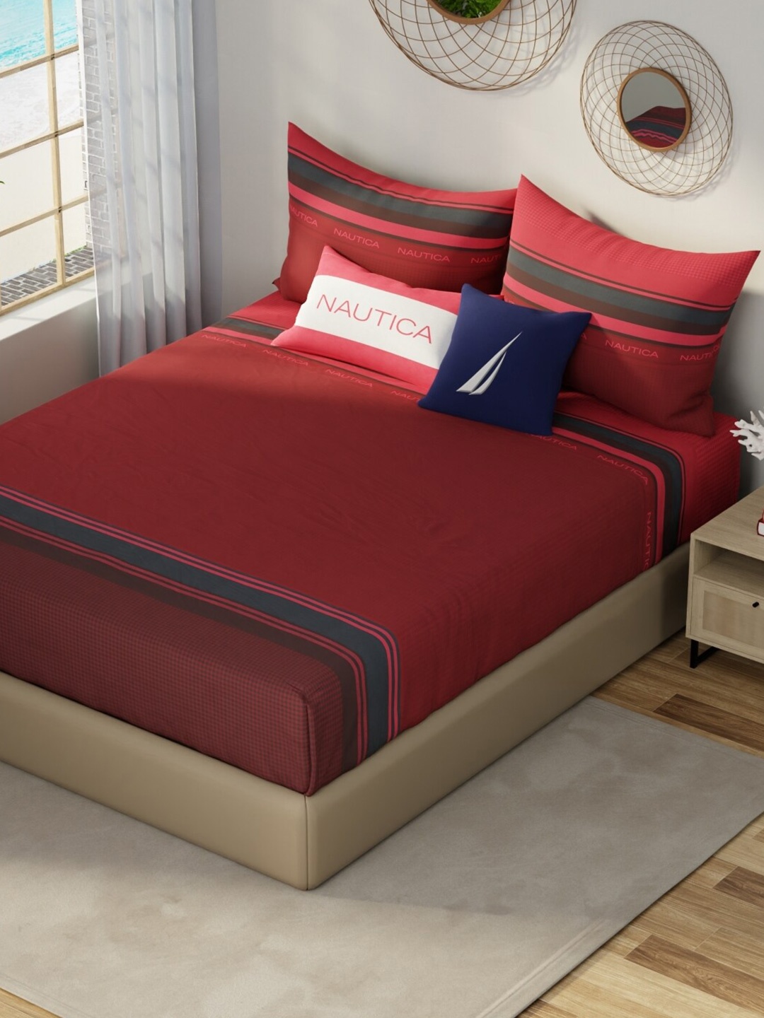 

Nautica Red & Blue Striped Cotton Fitted 210 TC King Bedsheet With 2 Pillow Covers