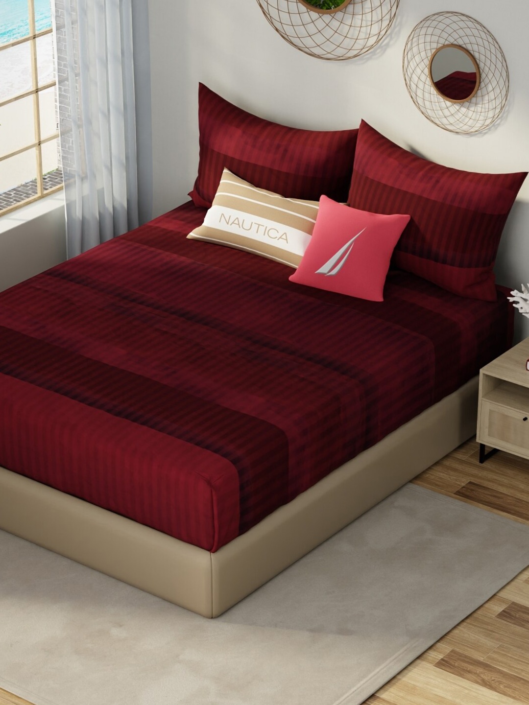 

Nautica Hampton Maroon Pure Cotton 210 TC King Fitted Bedsheet with 2 Pillow Covers