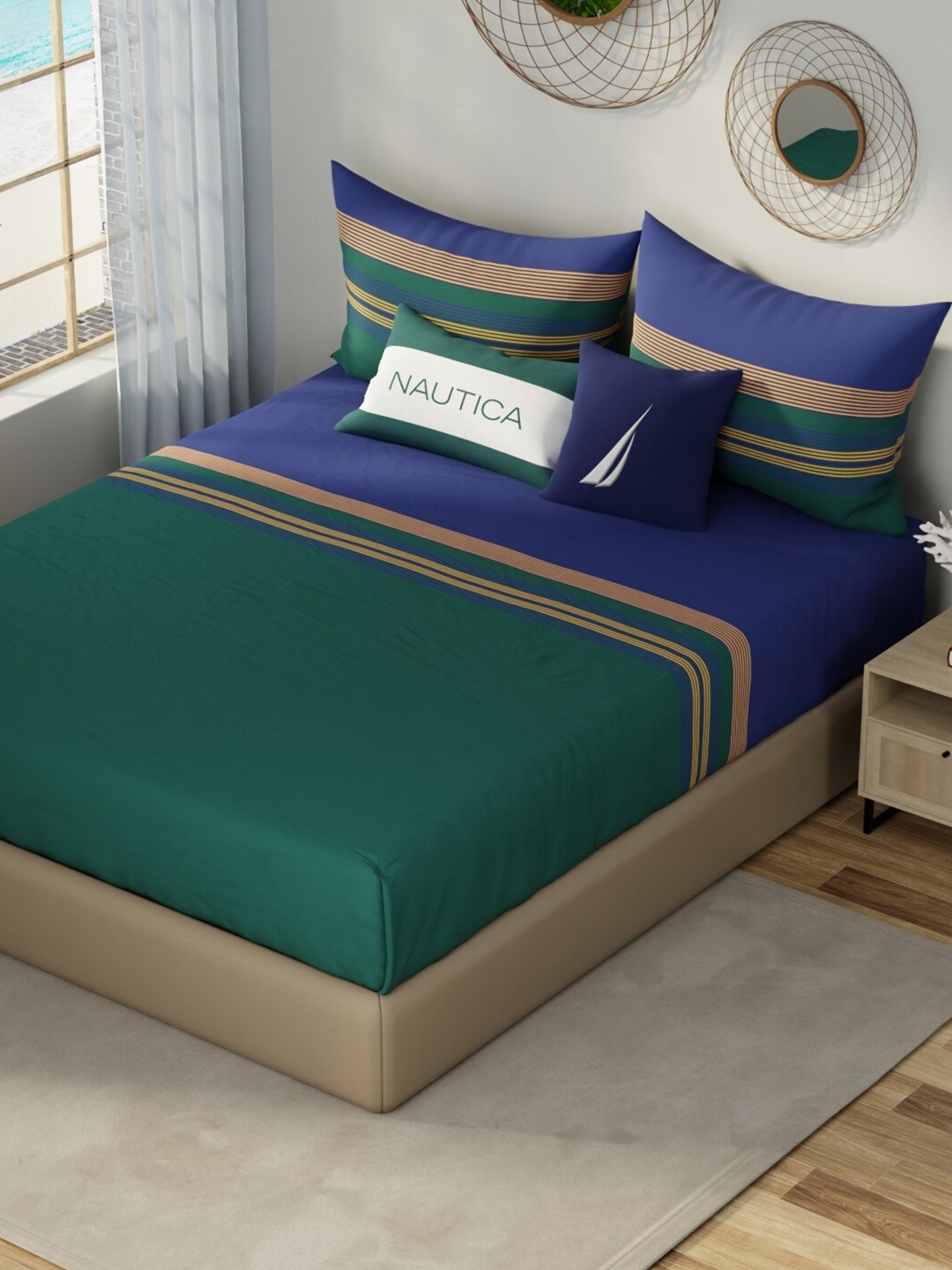 

Nautica Green & Blue Striped Cotton Fitted 210 TC King Bedsheet With 2 Pillow Covers