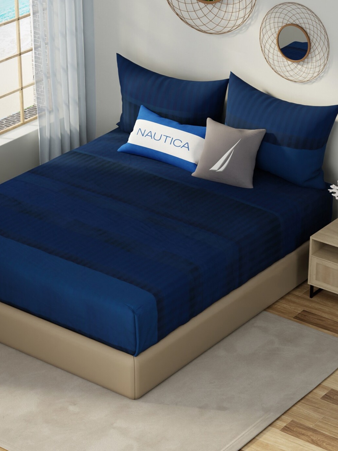 

Nautica Hampton Blue Striped Pure Cotton 210 TC King Bedsheet with 2 Pillow Covers