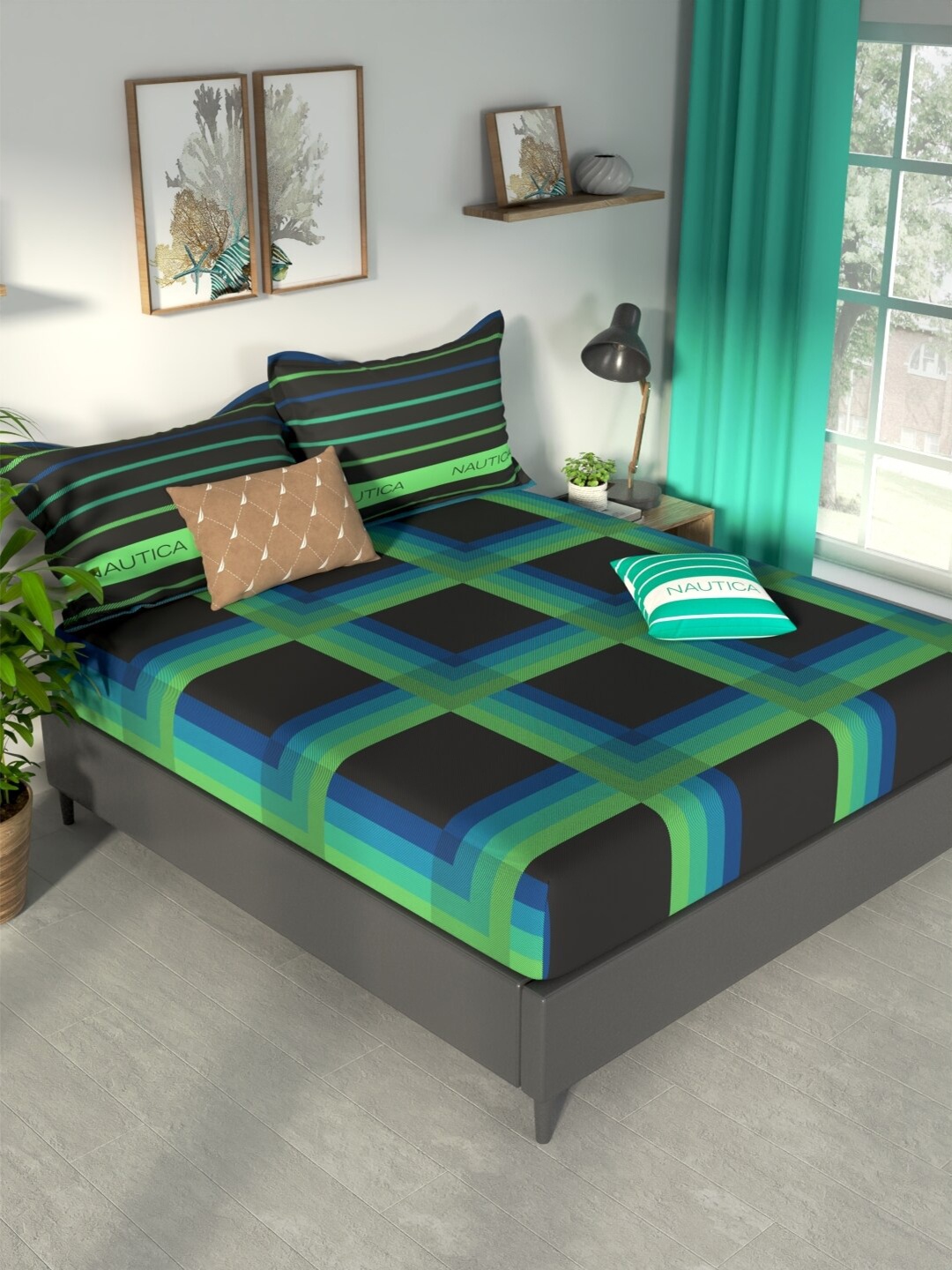 

Nautica Black & Green Geometric Pure Cotton 160 TC King Fitted Bedsheet & 2 Pillow Covers