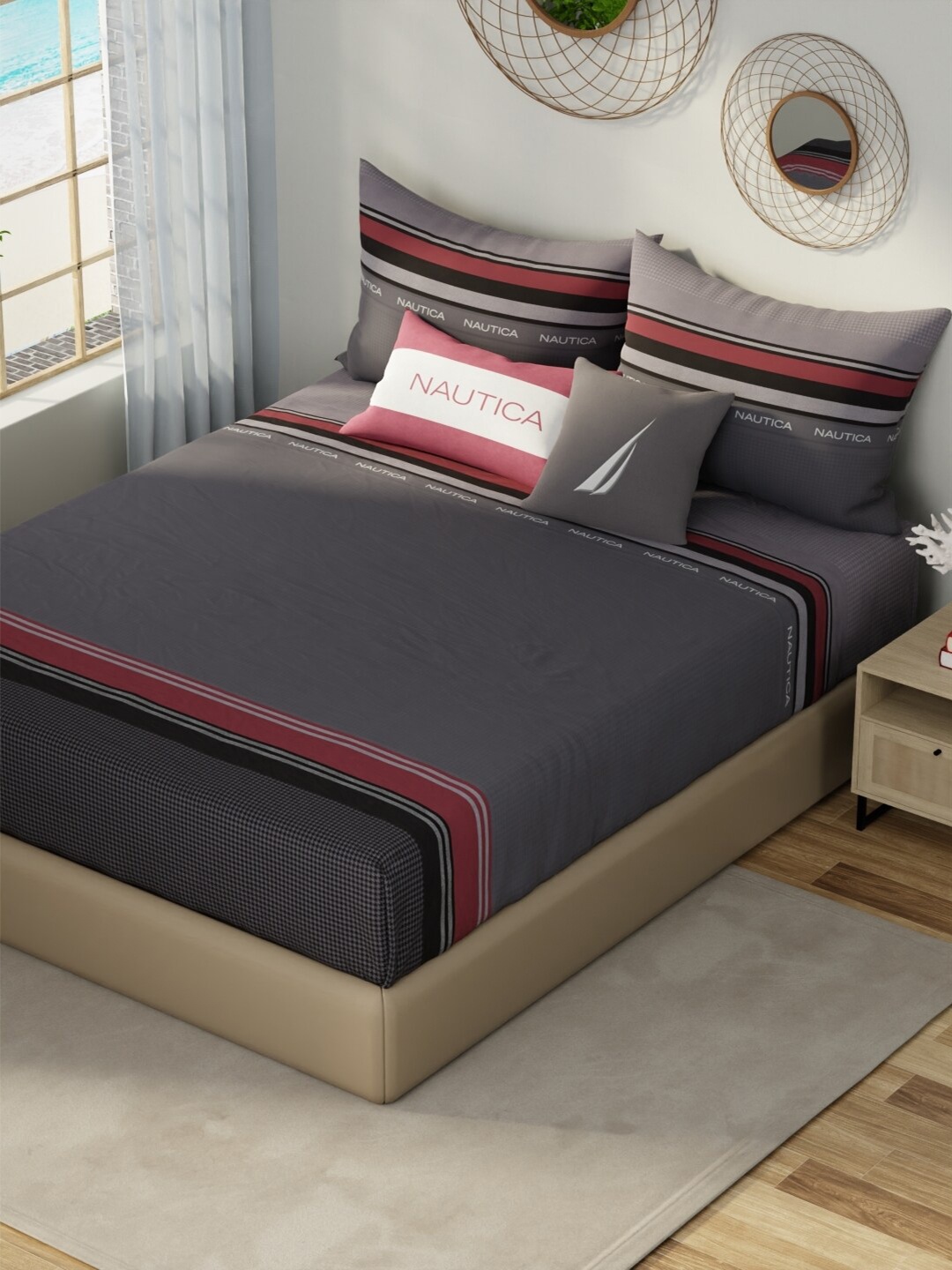 

Nautica Hampton Bronze Striped Satin Cotton 210 TC Fitted King Bedsheet & 2 Pillow Covers