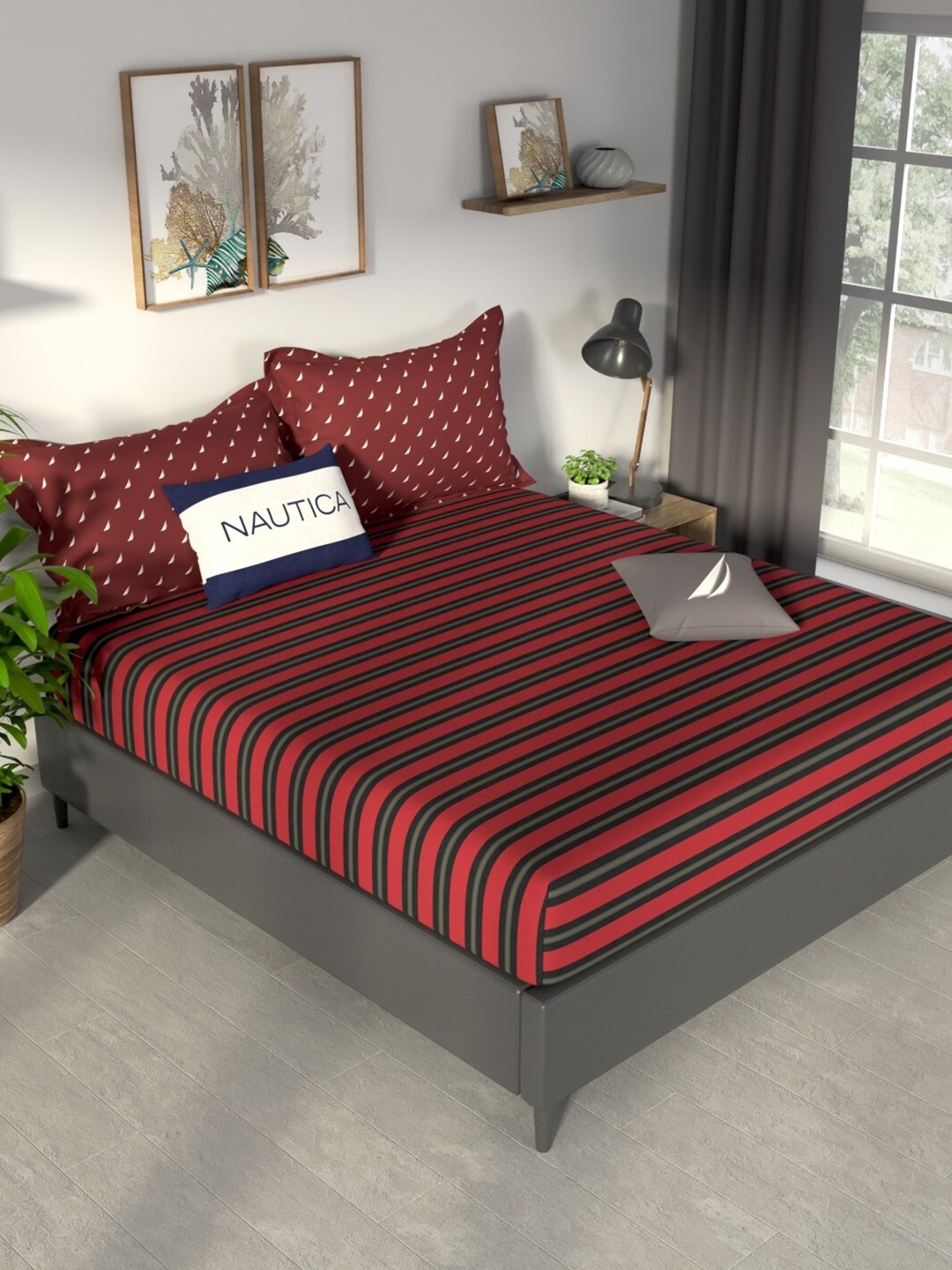

Nautica Pacific Coast Rust & Black Striped Cotton 160 TC King Bedsheet & 2 Pillow Covers