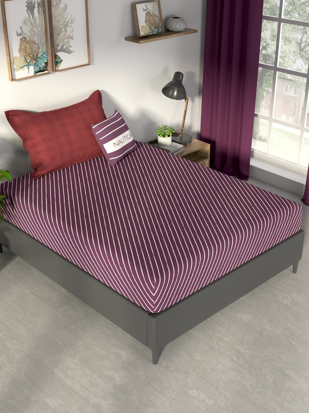

Nautica Purple & White Striped Cotton 160 TC Single Bedsheet With 1 Pillow Cover