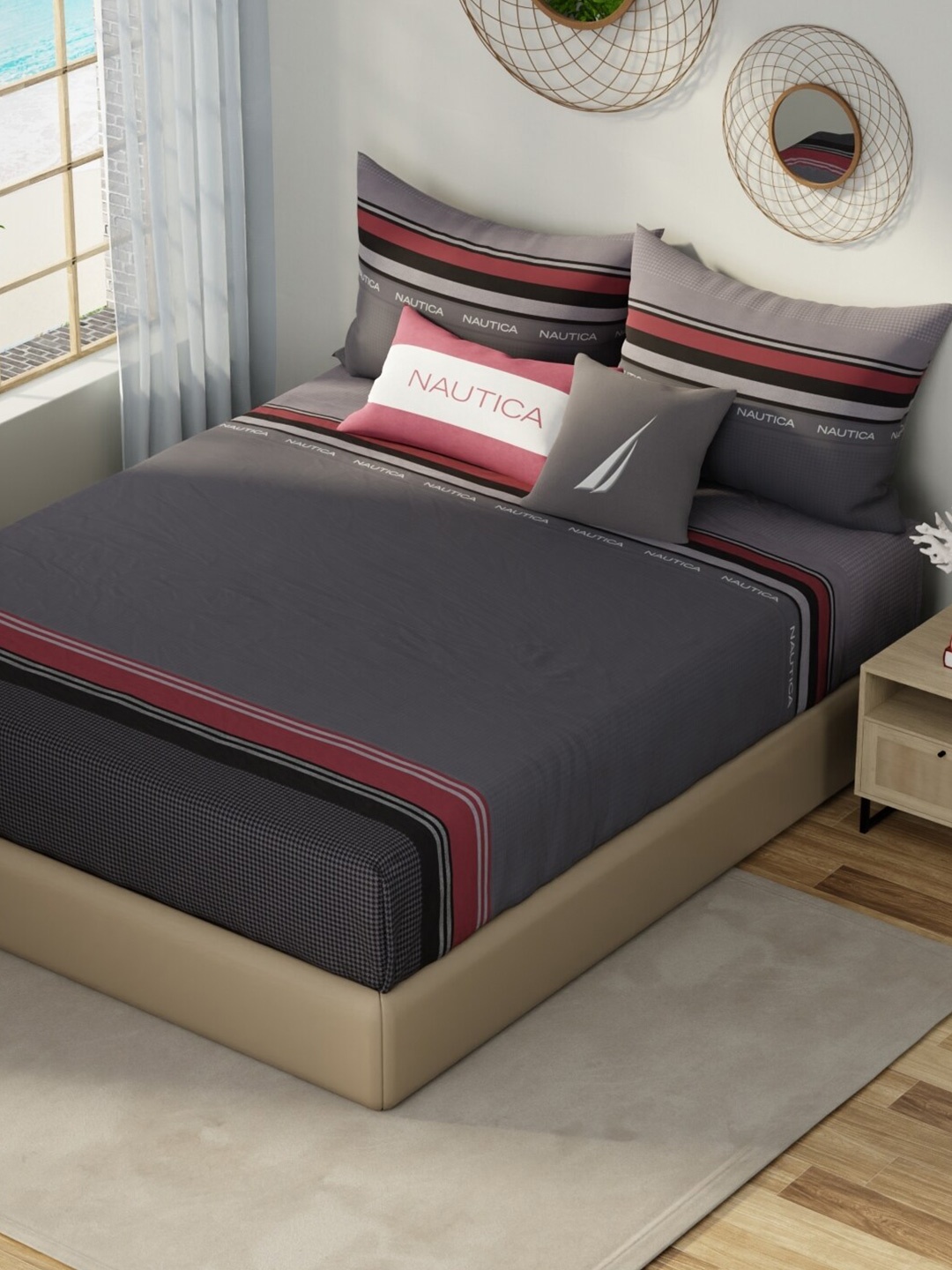 

Nautica Bronze-Toned & Red Printed Cotton 210 TC King Bedsheet with 2 Pillow Covers