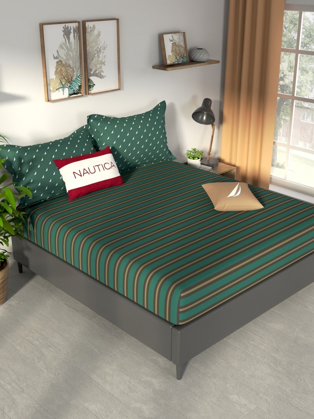 

Nautica Pacific Coast Green Geometric Cotton 160 TC King Bedsheet & 2 Pillow Covers