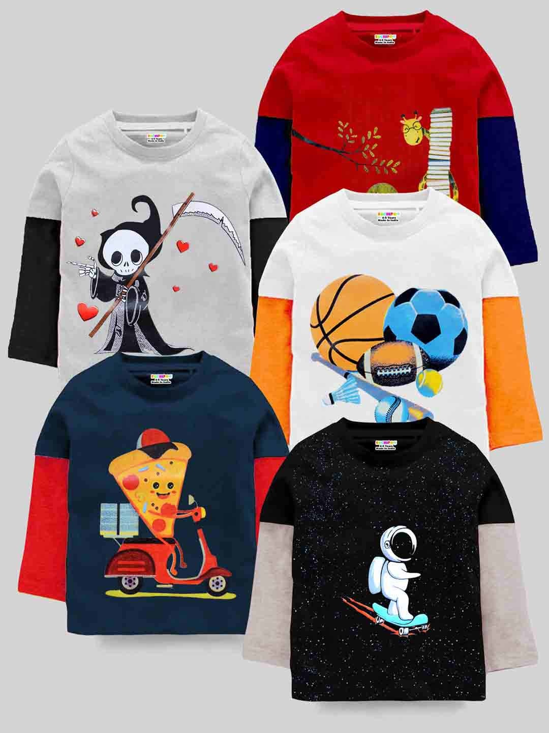 

KUCHIPOO Boys Pack Of 5 Printed Cotton T-shirt, White