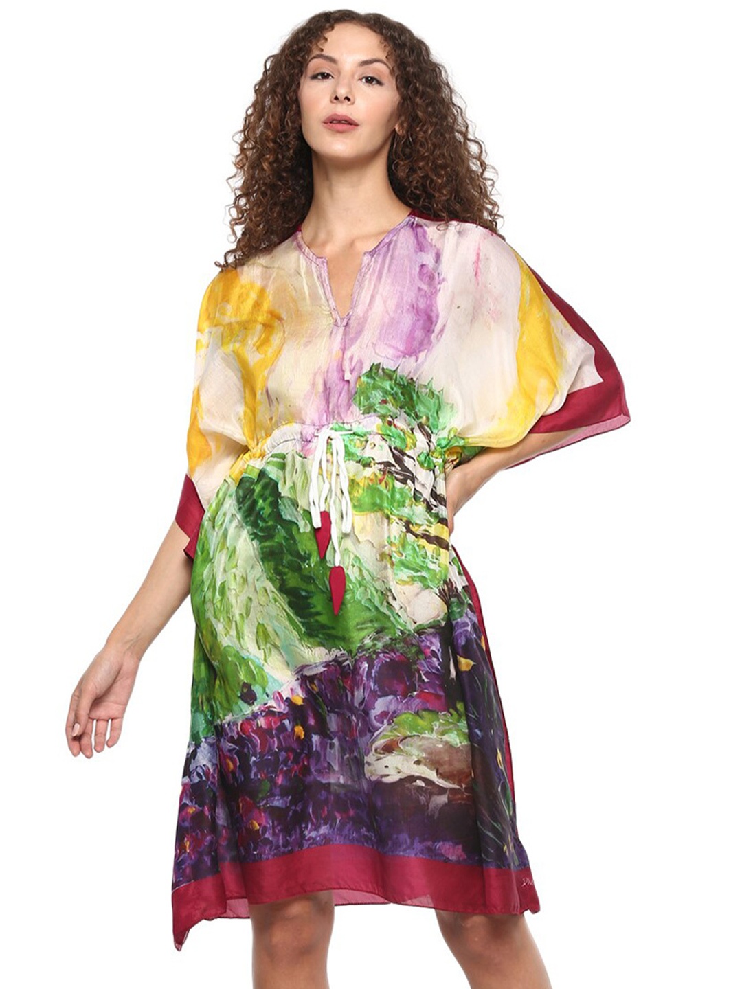 

Rhe-Ana Graphic Printed Kimono Sleeves Silk Kaftan Dress, Pink