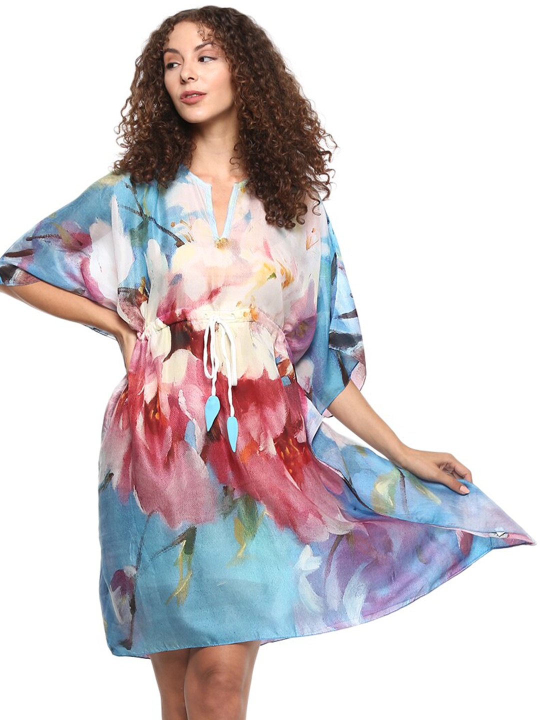

Rhe-Ana Floral Printed Kimono Sleeves Silk Kaftan Dress, Blue