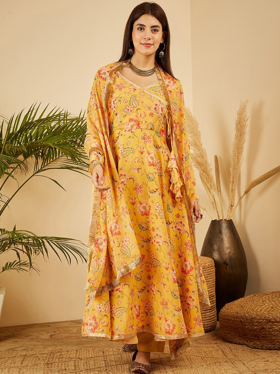 

BLACK SCISSOR Ethnic Motif Printed Angrakha A-Line Kurta With Trousers & Dupatta, Yellow