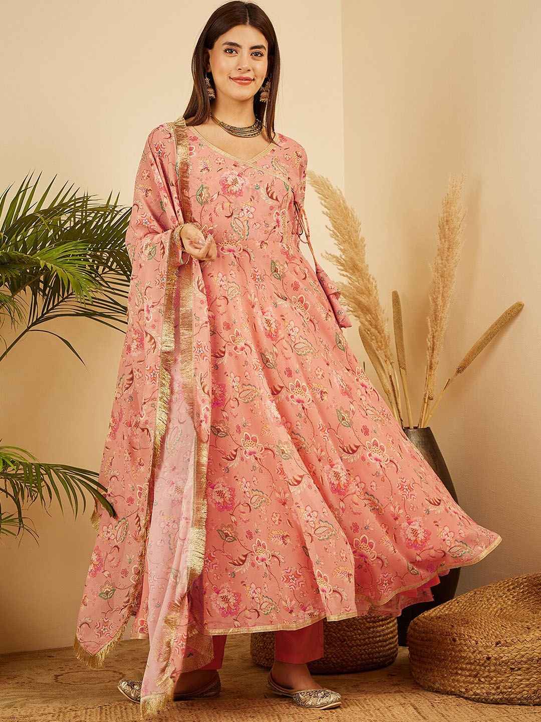 

BLACK SCISSOR Ethnic Motif Printed Angrakha A-Line Kurta With Trousers & Dupatta, Orange