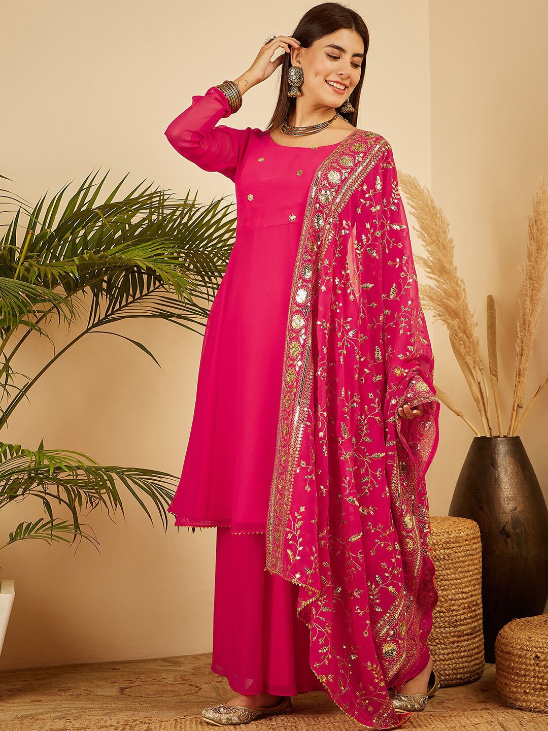 

BLACK SCISSOR Ethnic Motifs Embroidered A-Line Kurta With Palazzos & Dupatta, Pink