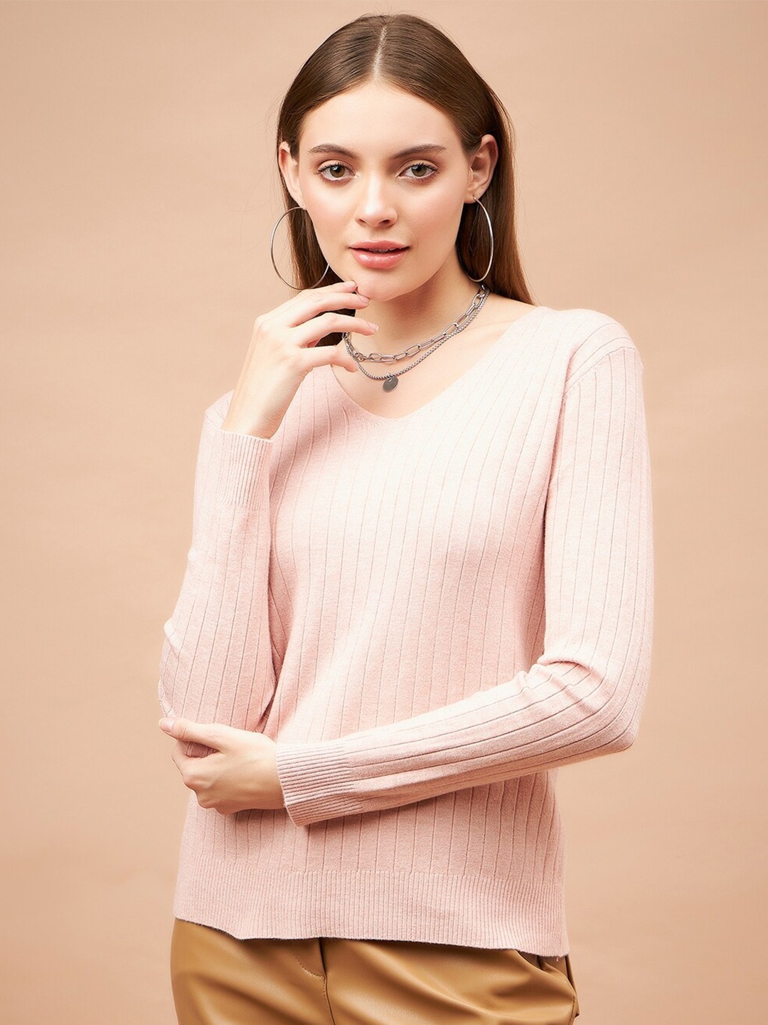 

Gipsy Ribbed V-Neck Acrylic Pullover, Pink