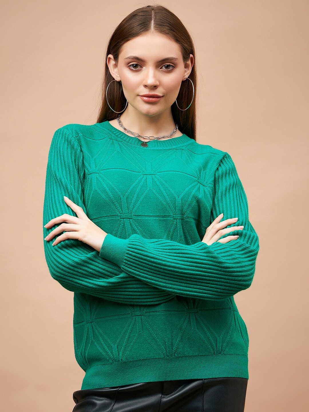 

Gipsy Geometric Self Design Long Sleeves Acrylic Pullover, Green