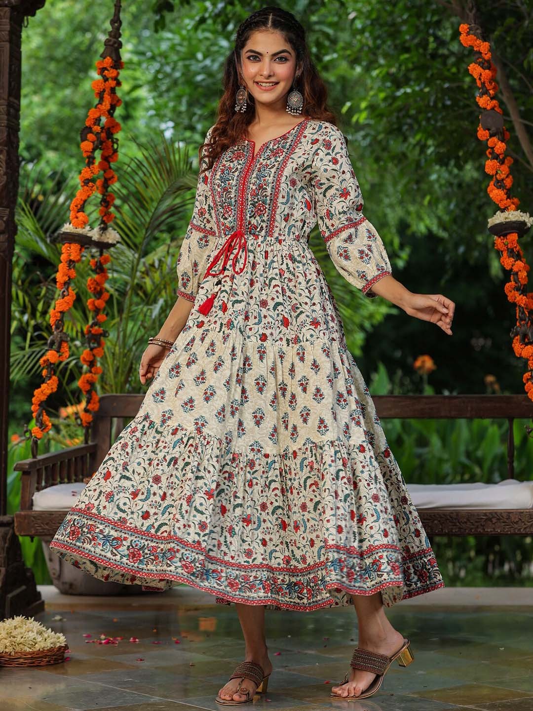 

Rain & Rainbow Ethnic Motif Printed Sequinned Fit & Flare Maxi Ethnic Dress, Cream