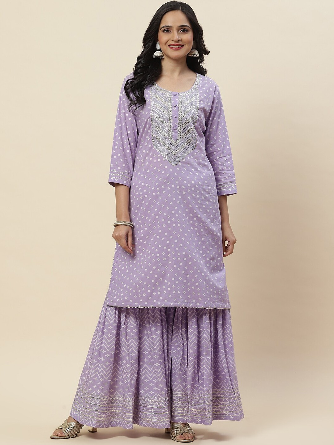 

Meena Bazaar Bandhani Printed Regular Thread Work Kurta with Sharara, Purple