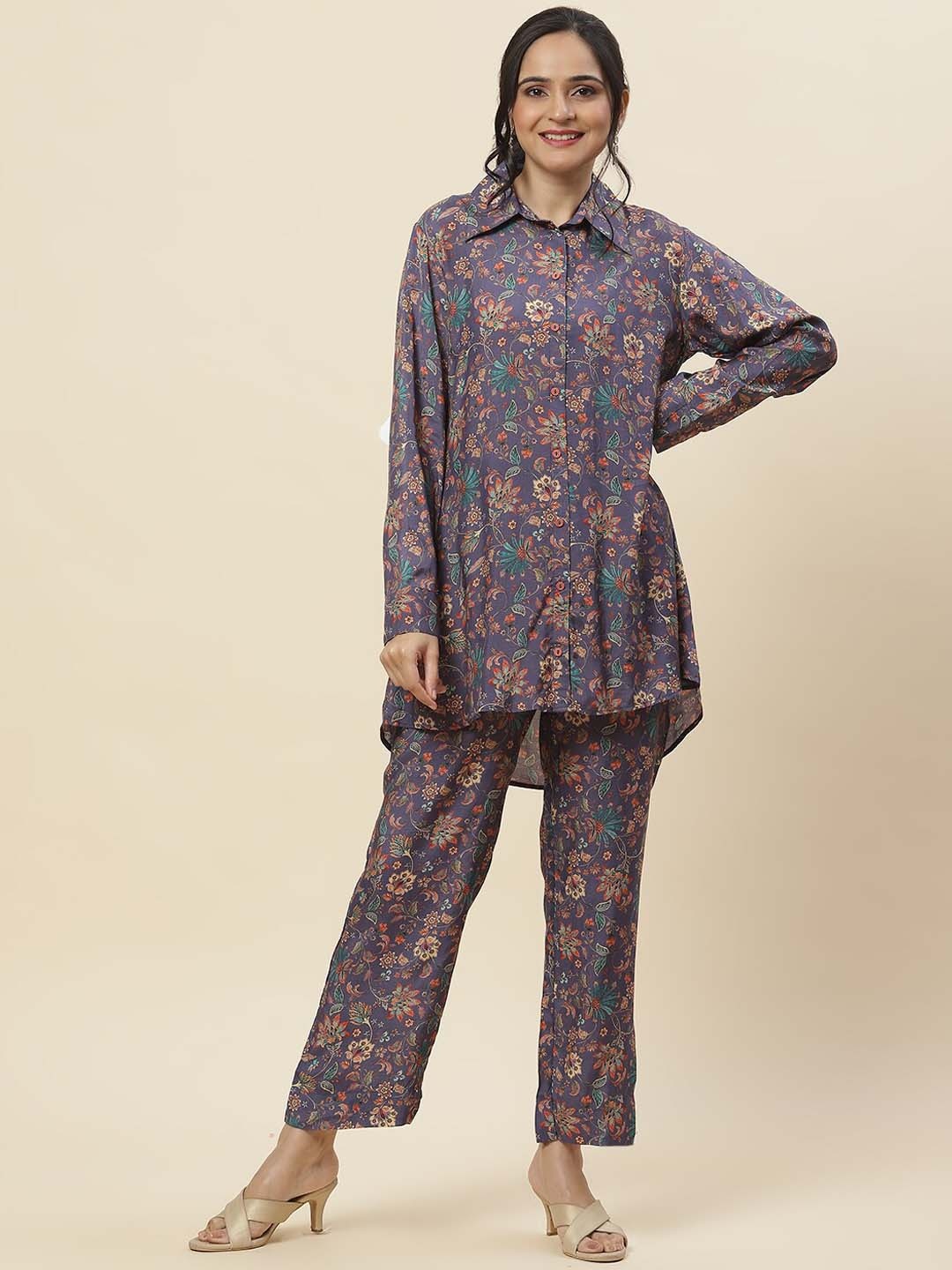 

Meena Bazaar Floral Printed Shirt Collar Regular Kurti with Trousers, Purple