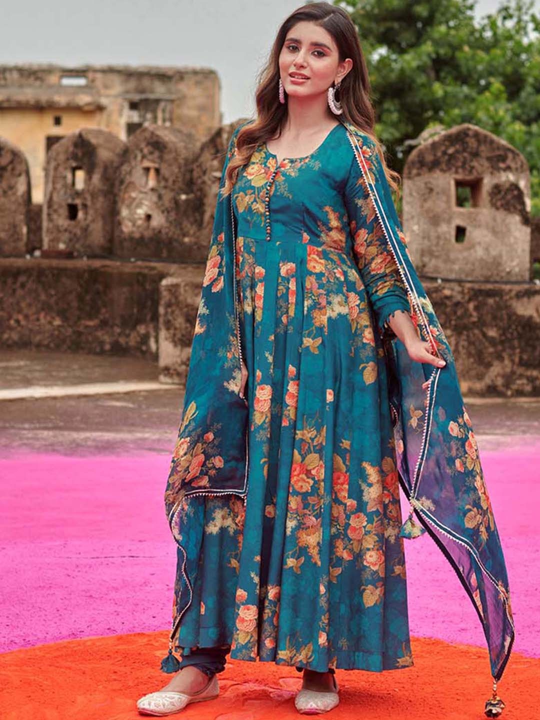 

Meena Bazaar Floral Printed Empire Kurta with Trousers & Dupatta, Blue