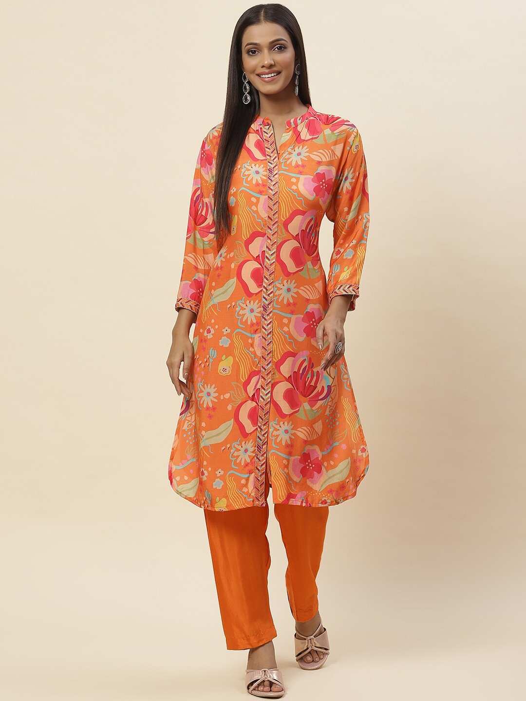 

Meena Bazaar Floral Printed Regular Kurta with Trousers, Orange