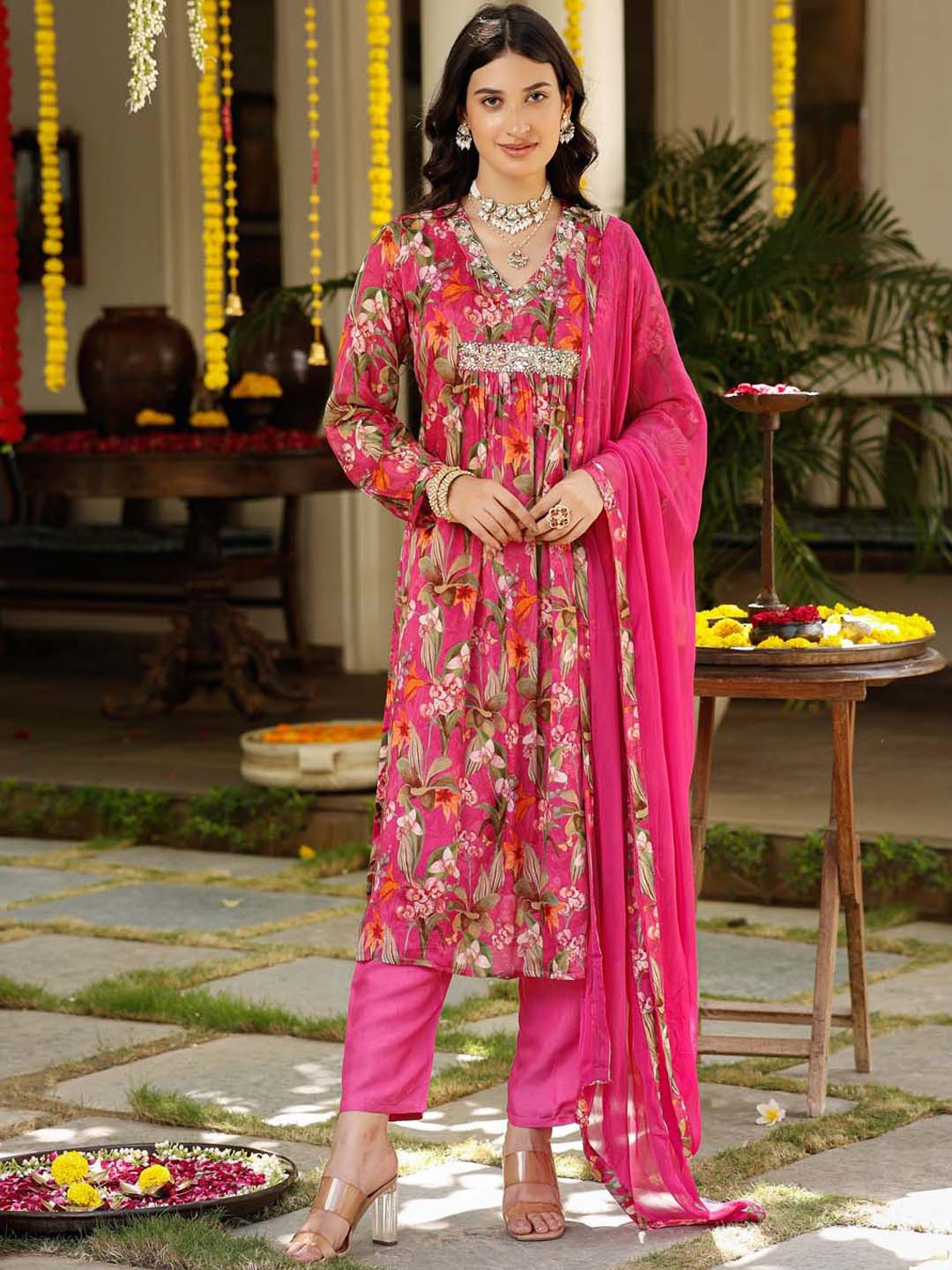 

Meena Bazaar Floral Printed Empire Sequined Kurta with Trousers & Dupatta, Pink