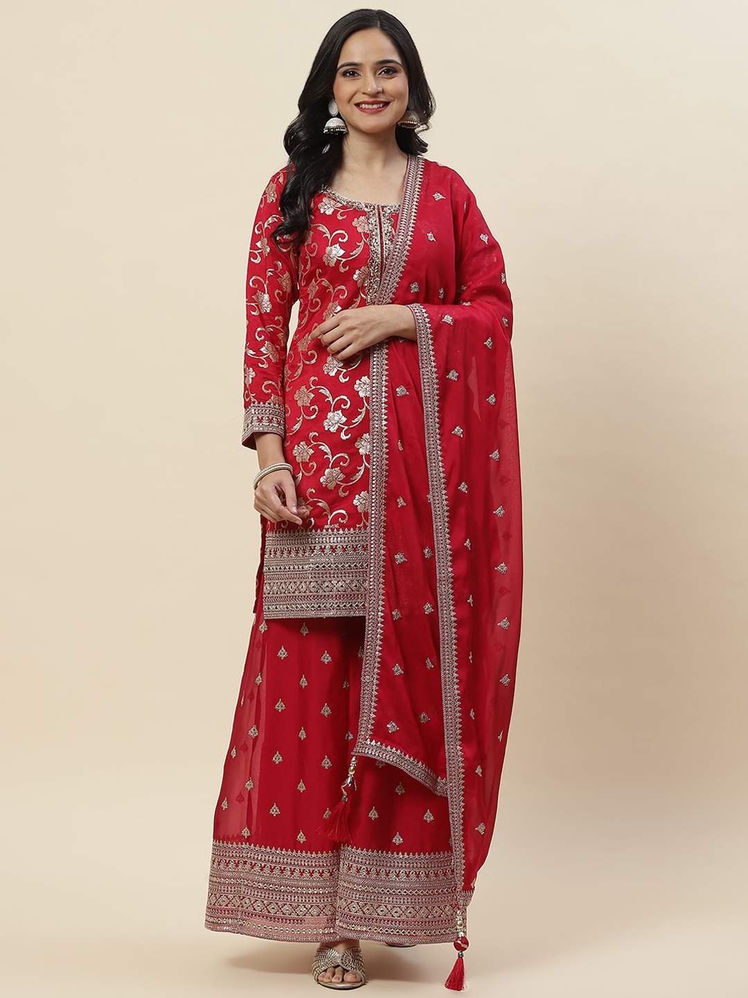 

Meena Bazaar Ethnic Motif Embroidered Straight Kurta With Palazzos & Dupatta, Maroon