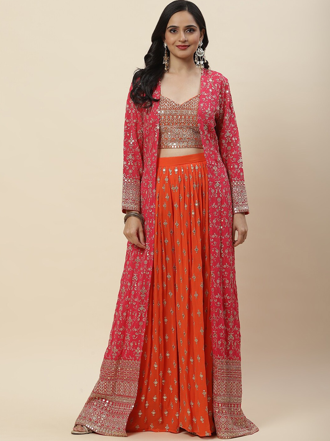 

Meena Bazaar Embroidered Sequined Georgette Lehenga Choli With Jacket, Orange