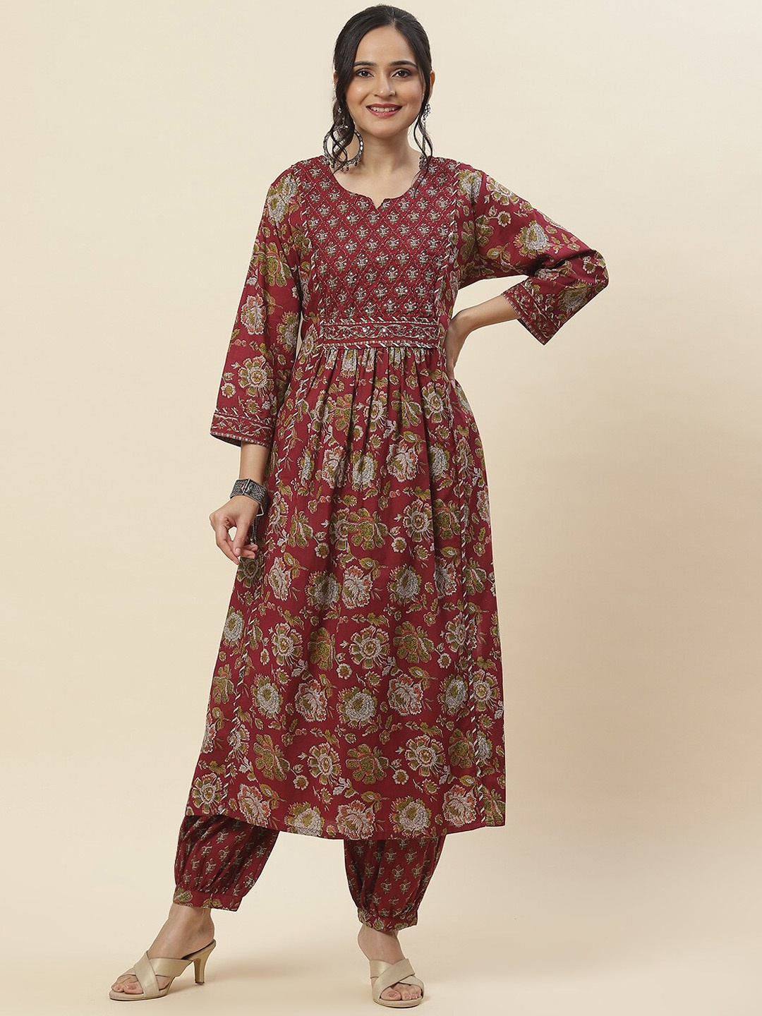 

Meena Bazaar Floral Printed Thread Work A-Line Kurta With Salwar, Maroon