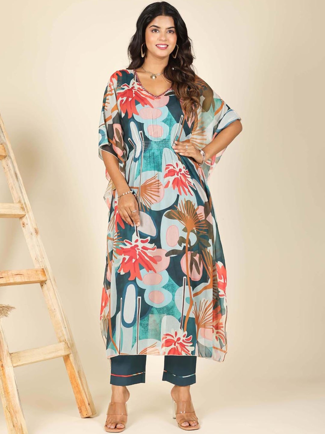 

Meena Bazaar Floral Printed Kaftan Kurta with Trousers, Teal