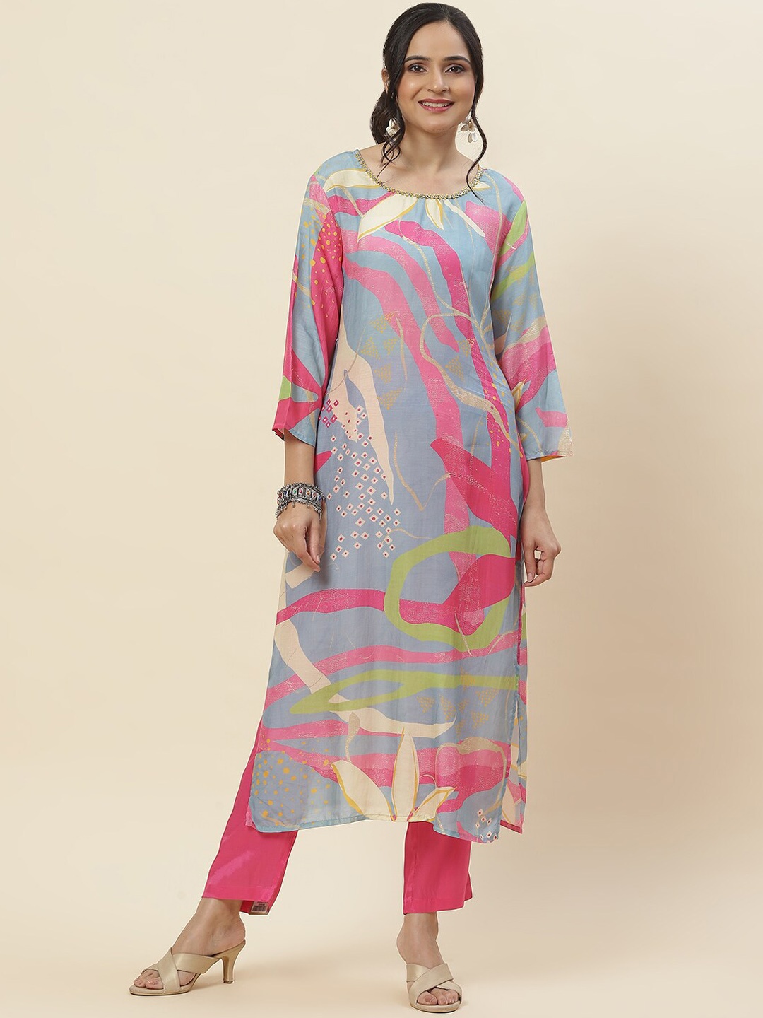 

Meena Bazaar Abstract Printed Kurta With Trousers, Blue