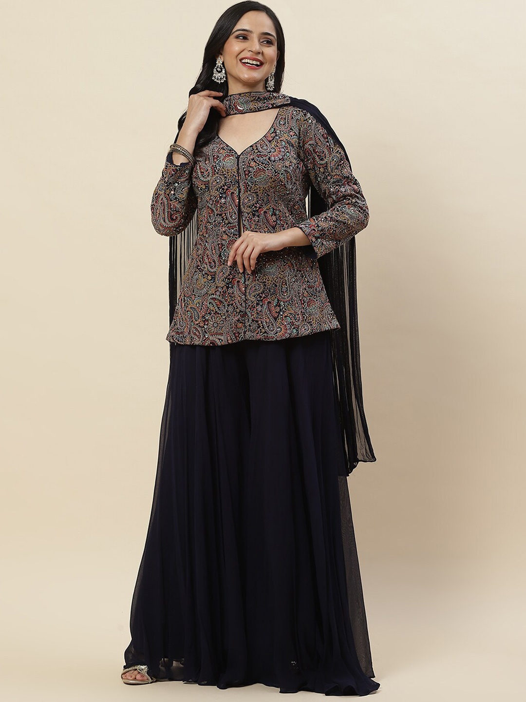 

Meena Bazaar Ethnic Motifs Embroidered Regular Kurti With Palazzos & Dupatta, Navy blue