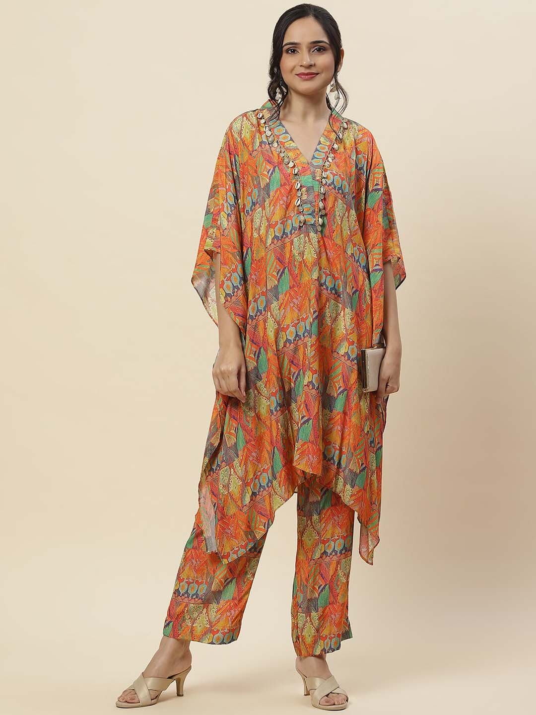 

Meena Bazaar Abstract Printed Kaftan Kurta with Trousers, Orange