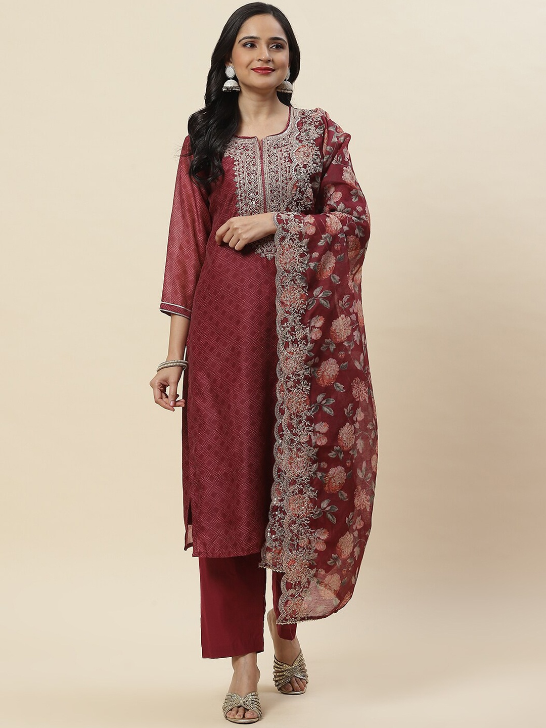 

Meena Bazaar Ethnic Motifs Embroidered Kurta With Trousers & Dupatta, Maroon