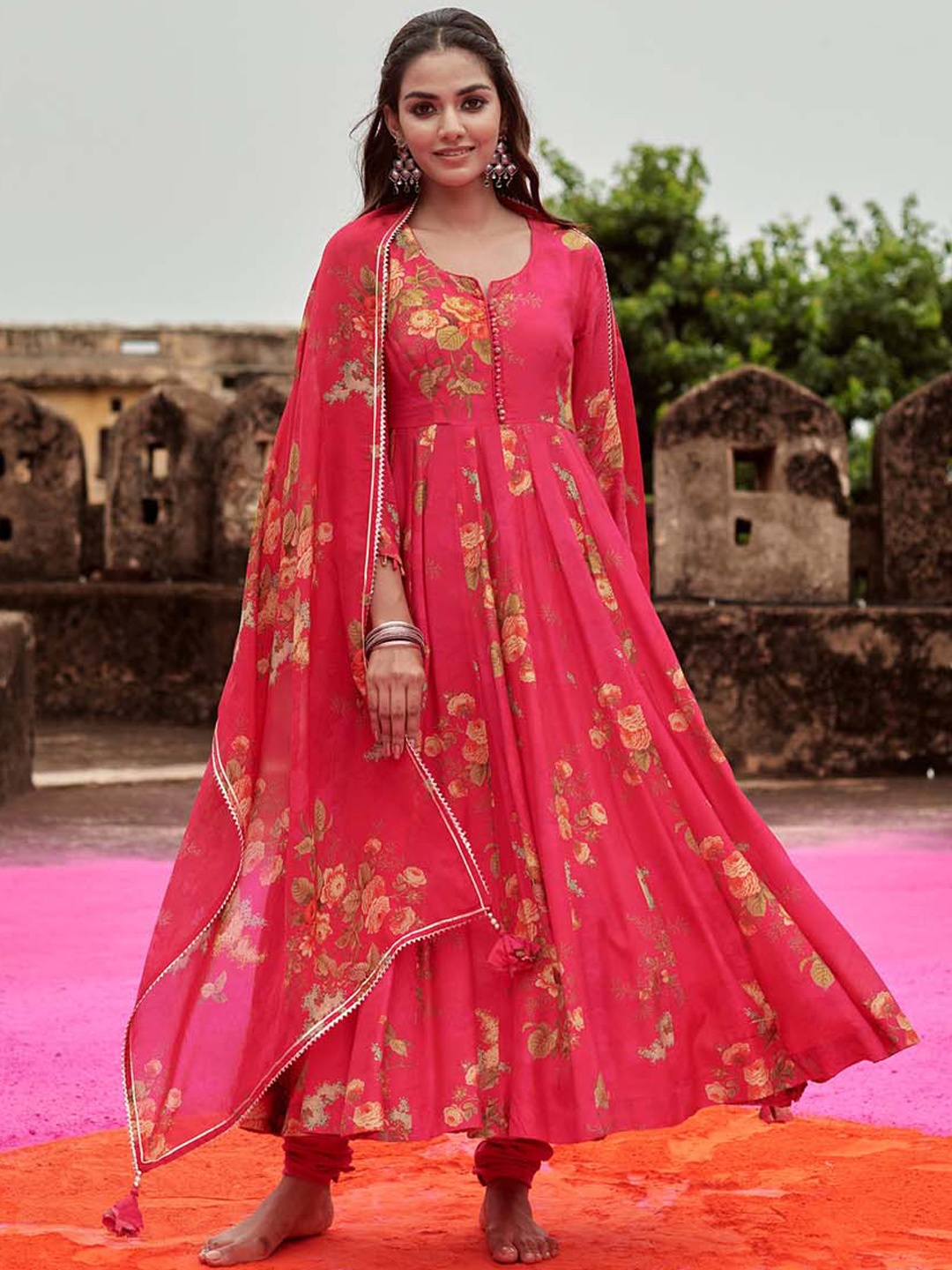 

Meena Bazaar Floral Printed Empire Kurta with Trousers & Dupatta, Pink