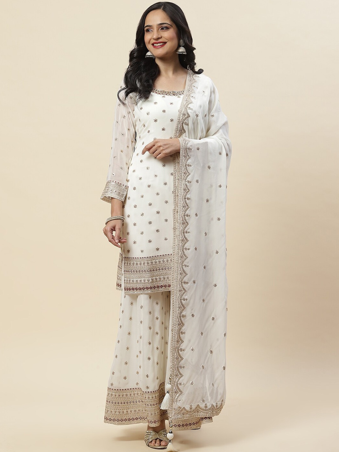 

Meena Bazaar Ethnic Motifs Embroidered Georgette Kurta With Sharara & Dupatta, Cream
