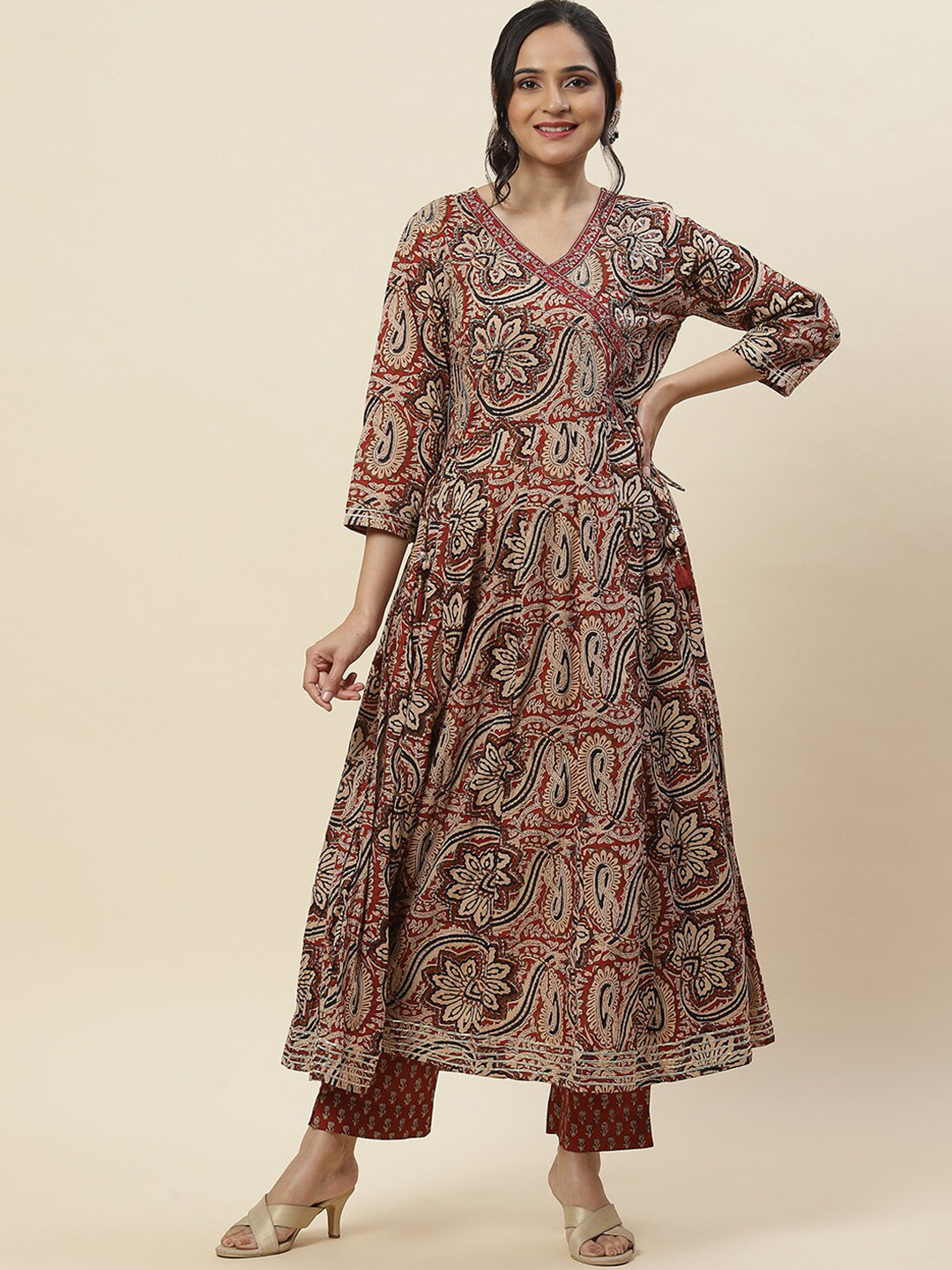 

Meena Bazaar Ethnic Motif Printed Angrakha A-Line Kurta With Trousers, Maroon